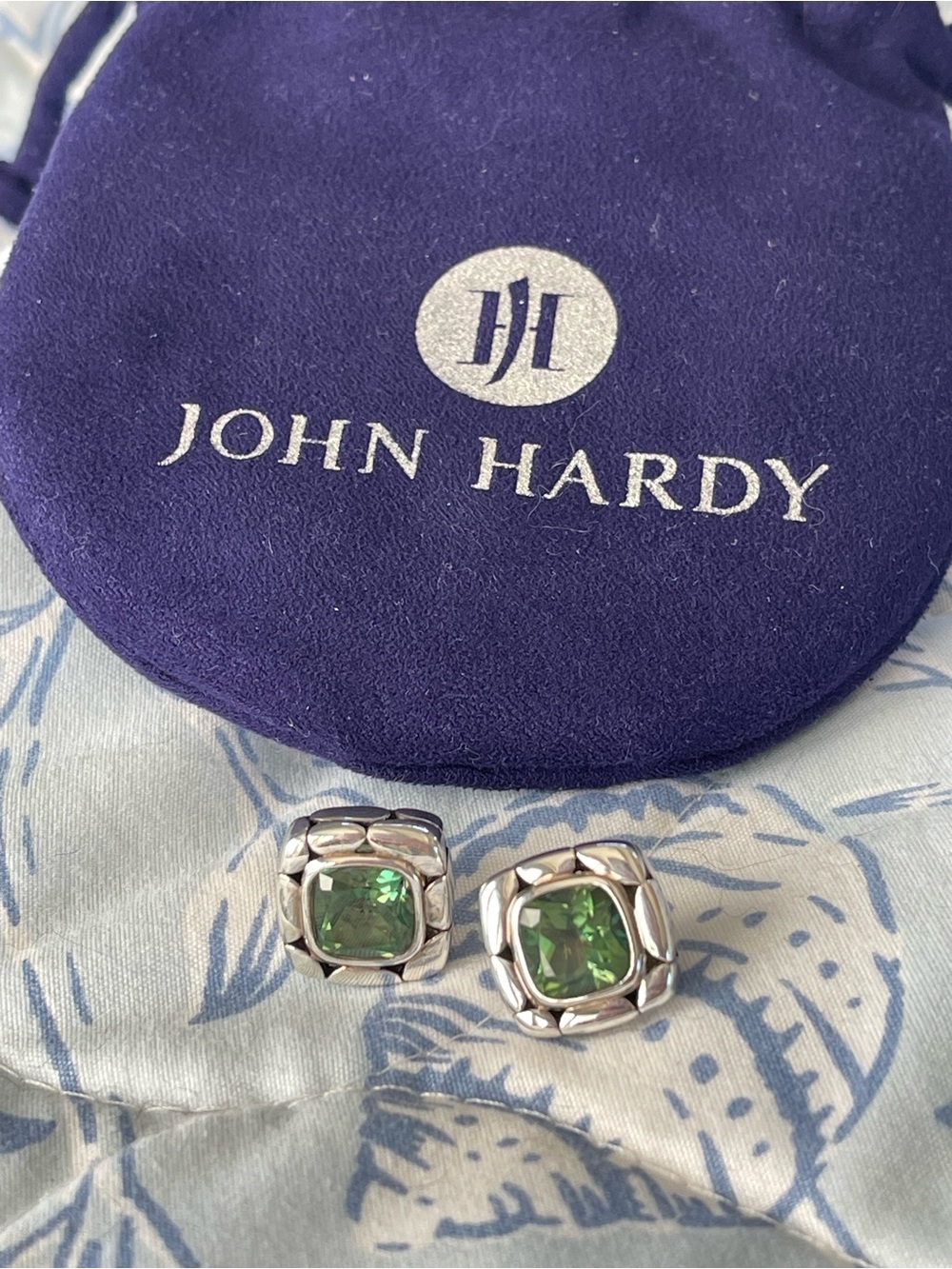 JOHN HARDY Batu Kali Green Topaz Chunky Square Stud Earrings Sterling Silver
